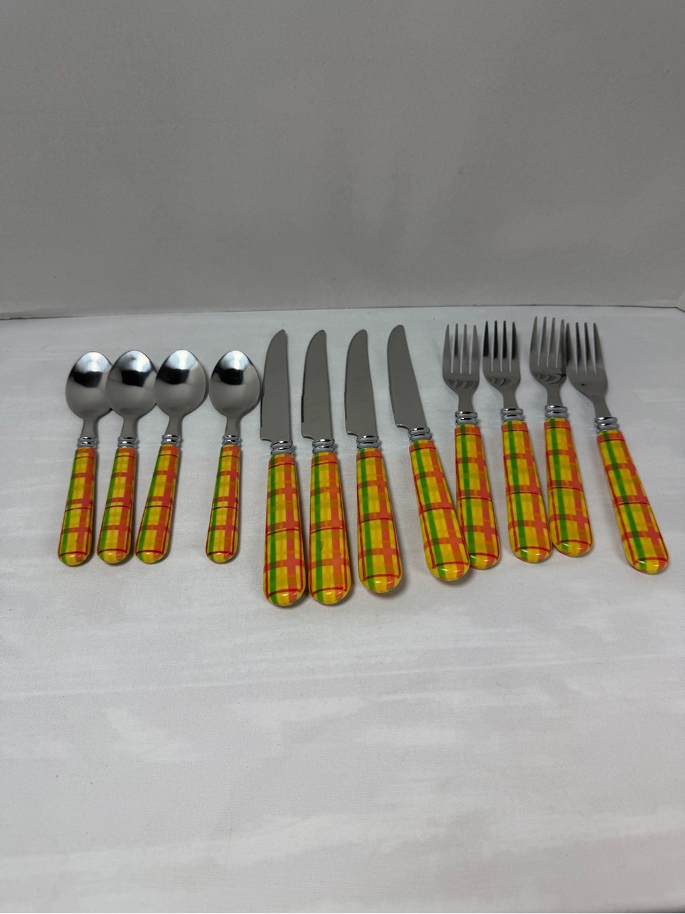 Vintage Hampton Silversmiths Plaid Flatware Set 12 Pc Yellow Orange Gingham
